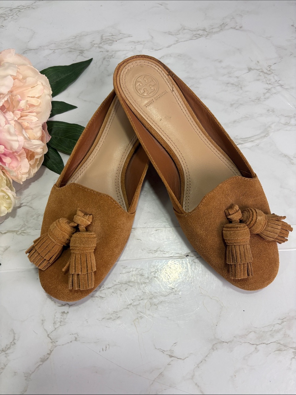 Tory Burch Salinas Tassel Mules | Beige Suede | Women’s Size 7 | Excellent Condi